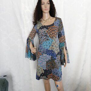 **Prelude Boho Paisley Shift Dress with Bell Sleeves**